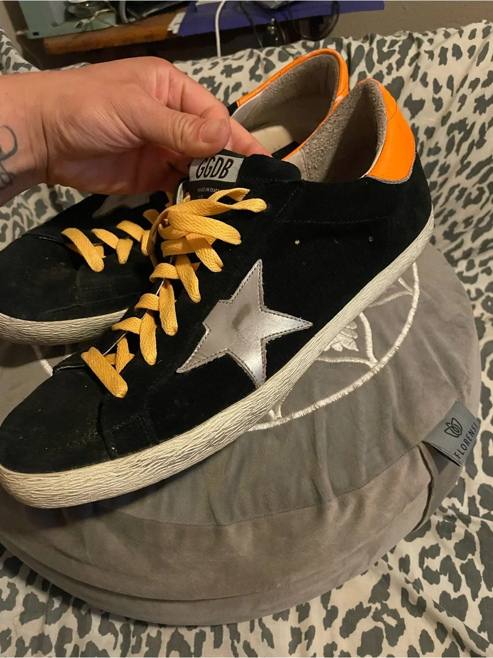 Golden Goose Black Suede Sneakers with Yellow Laces and Orange Heel